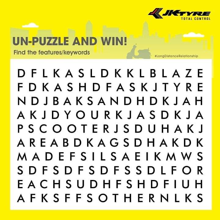 JKTyreCorporate's tweet photo. Contest alert!! It's the last day to participate in our #LongDistanceRelationship - Un-puzzle and Win contest. Post your answers in the comments below the respective puzzles and stand a chance to win exciting goodies from JK Tyre.

T&amp;C applied: https://t.co/qMuFkxK9j3 https://t.co/OLIPCn743a
