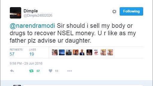pete5308's tweet photo. @narendramodi @PMOIndia @BJP4India @smritiirani @SushmaSwaraj @nsitharaman @fayedsouza @latha_venkatesh @ShefVaidya @KarunaGopal1 @KironKher Last cry of NSEL scam victim Hope all d women reading this bow their head in shame!Truth:U cn cheat n gt away w/murder n women hv no rights https://t.co/AGm3arHaVp