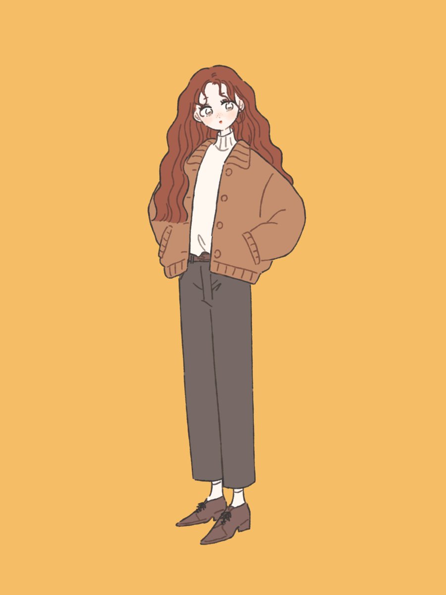 solo 1girl long hair brown hair pants hands in pockets simple background  illustration images
