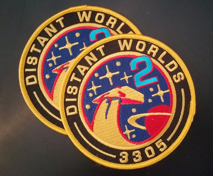 DW2 mission log, Day 17: Spent the night groundside at Eagle Landing. While docked, a courier delivery arrived: new mission patches for my flightsuit.

#DW2 #DistantWorlds2 #EliteDangerous