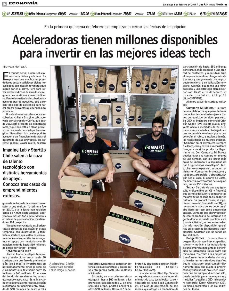 Las Últimas Noticias publicó una nota sobre nuestra convocatoria y la de <a href="/startupchile/">Start-Up Chile by Corfo</a>. También entrevistó a tres #startup de nuestro portafolio: Comparto mi Maleta, <a href="/sudaoutdoors/">SUDA</a>, y <a href="/BadgeHeroes/">BadgeHeroes</a> 👏¡Felicitaciones!
Link: goo.gl/b6ik2a