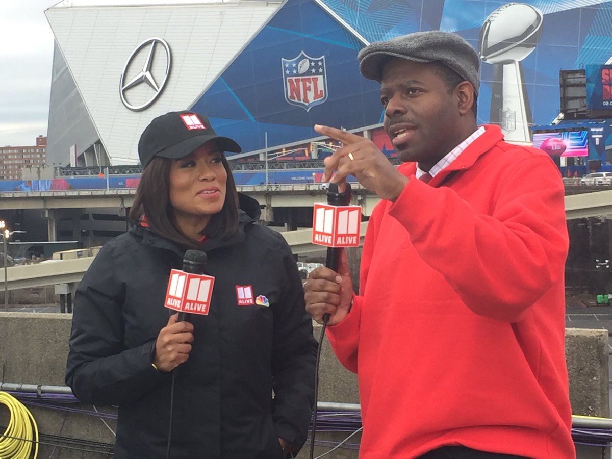 Erika11Alive's tweet photo. ⁦@ShibaRussell⁩ and ⁦@ChesleyMcNeil11⁩ live in front of the Mercedes Benz Stadium. #11alive #ATL53 https://t.co/qwmKTQAKHx