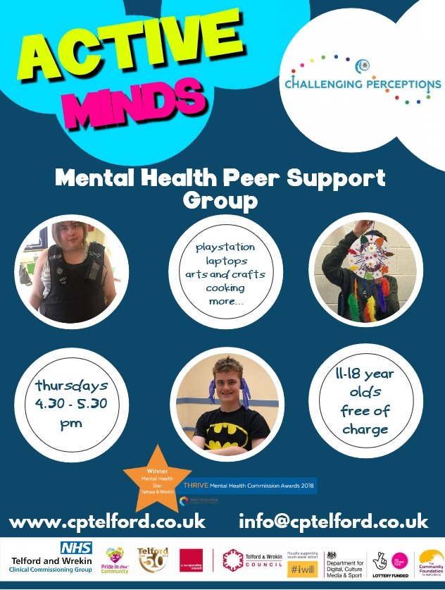 ChallengingPerc's tweet photo. **Every Thursday**
4.30pm - 5.30pm Active Minds 11- 18 year old peer support group. 

6pm - 7pm 18+ Year old arts and crafts group  @Brancheshub https://t.co/mEnwpLyUEV