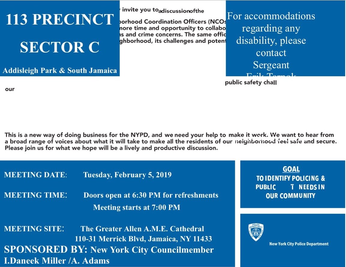 NYPD113Pct's tweet image. NCO Fischer informing  @allencathedral church members about the upcoming #BuildtheBlock meeting on Tues, Feb 5th at 6:30 pm. #BuildingAstrongcommunity
#Sectorcharlie