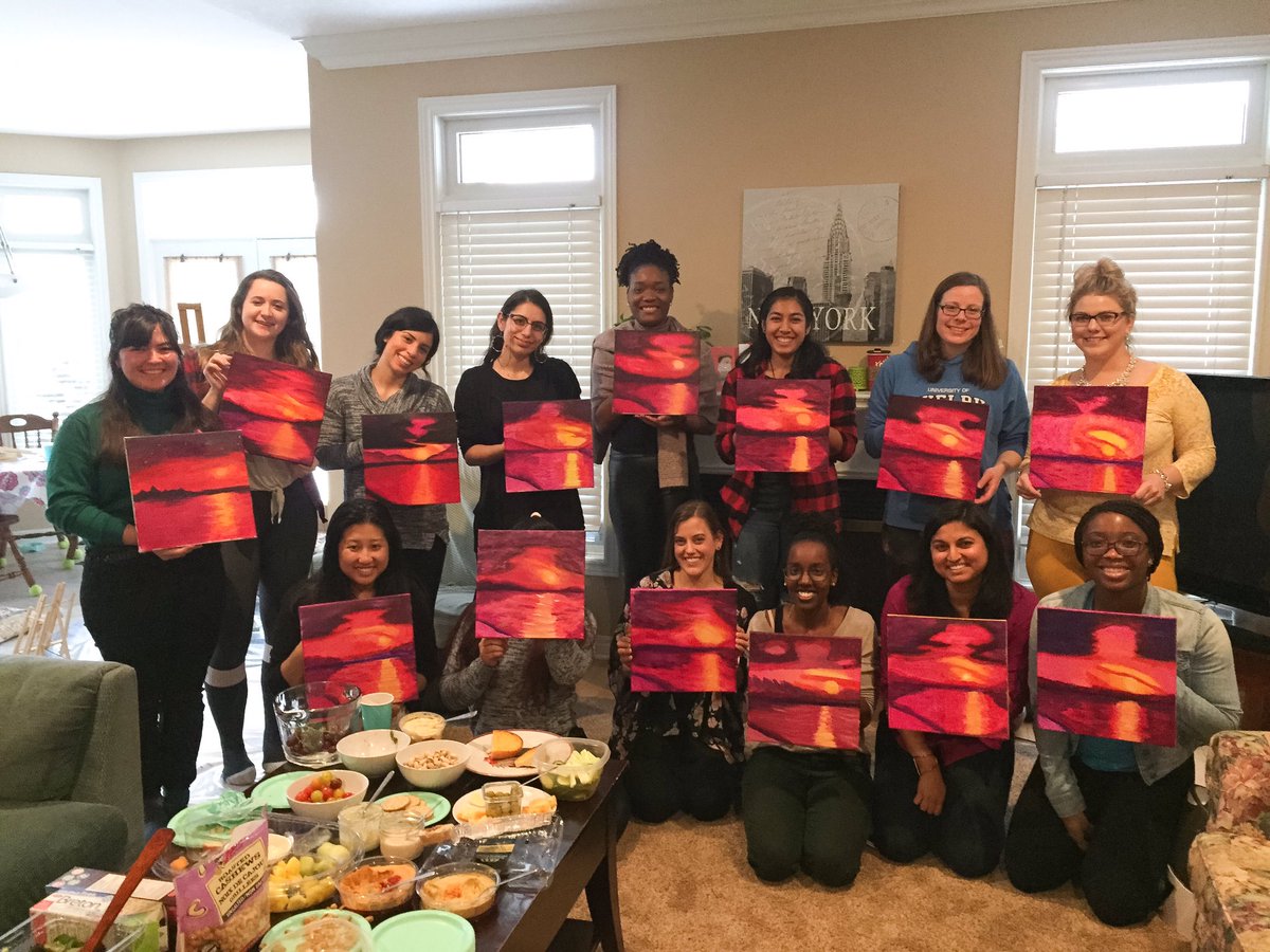 TheArtsyClub's tweet photo. I had a great time instructing this lovely group of ladies at a #birthdaypaintparty yesterday. 

Check out the beautiful “Rosy Sunset on the Lake” paintings that were created. I love seeing everyones perspective at the end when they’re all side by side.🎨🎈#ldnont #theartsyclub https://t.co/1XbBPgvi6g