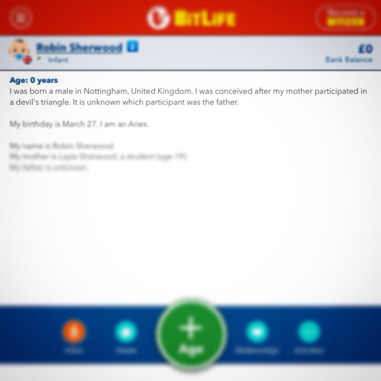 JustaJaney's tweet photo. A short bio: "I was conceived after my mother participated in a devil's triangle." 😈
Whaaat the heck, @bitlifeapp??? 😱
Love you, guys! 😂
#Bitlife #darkness #BitLifeApp #fail #evilish #life #bestgame #fun #fatherunknown #Bitizen #BitLifeisLife https://t.co/kiNxjRv2pl
