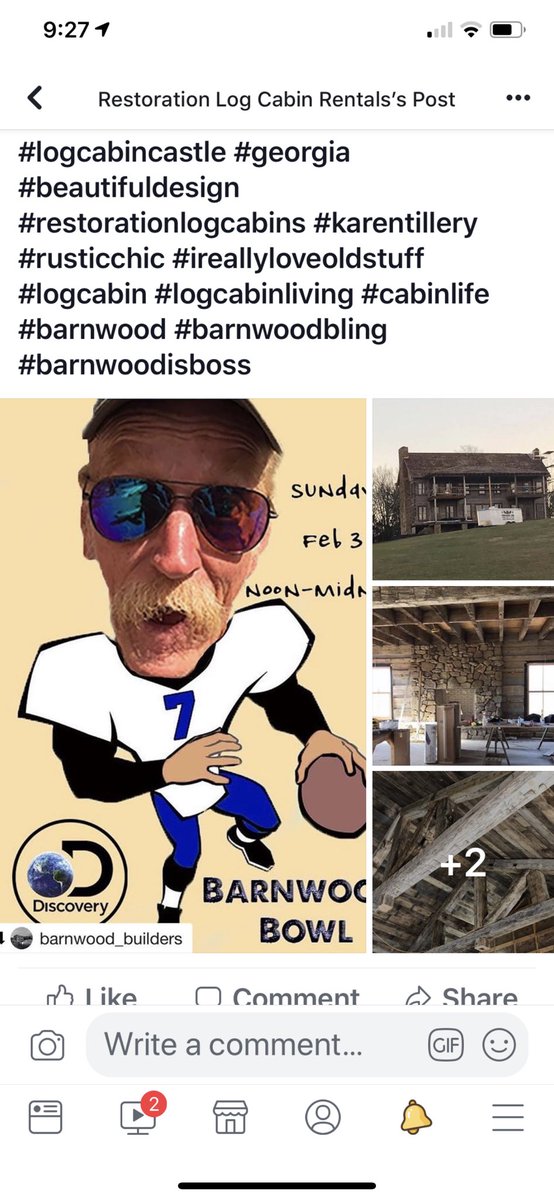 restorationlog1's tweet photo. Not a big football fan but a big Barnwood Builders fan like I am??? Well you are in luck! 
・・・
Did someone say Barnwood Marathon?? That’s right! Tomorrow you can catch us on Discovery from noon to midnight! 🏈🇺🇸🔨

Log Cabin Castle-Georgia episode is at 12:00 noon EST😜 https://t.co/e07peJEPdy