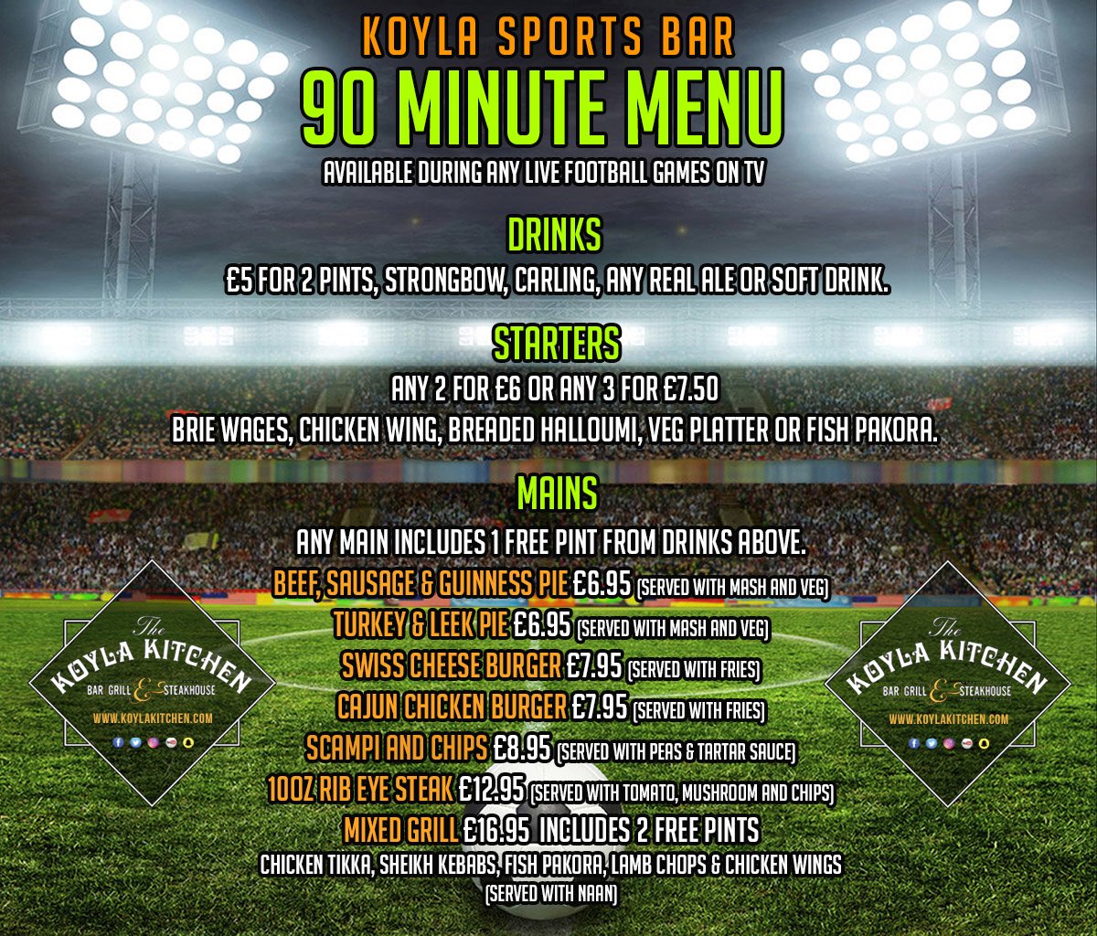 #Game on! Check out our brand new 90 Minute #Menu available now during all  Live #Football matches shown on #TV at The #Koyla #Sports #Bar.  Some great  #offers included! Read More here >tinyurl.com/ybpe27gm <a href="/KoylaKitchen/">Koyla Kitchen</a> #BrierleyHill #Restaurant #Midlands