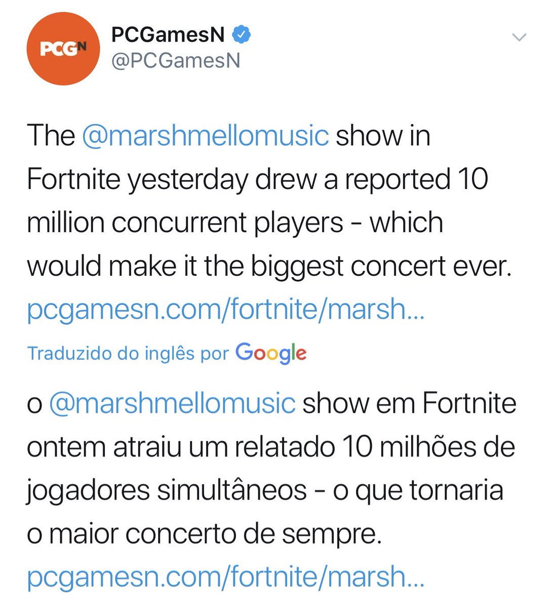 MarshBrasil's tweet photo. Notícia da @PCGamesN sobre o concerto do Marshmello que rolou no Fortnite! Foi o maior até agora 😱😱😱 https://t.co/lYPdO5SKtl