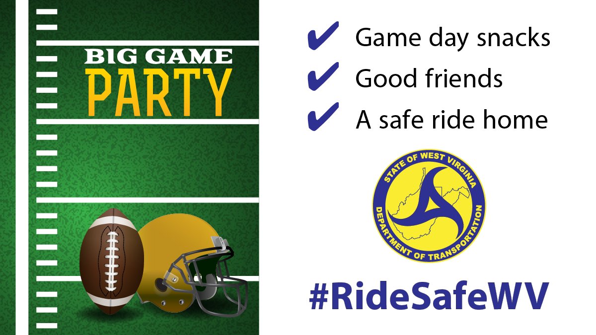 WVDOT's tweet photo. ARE YOU READY? We sure are! But make sure you have the most important thing on the list β a safe ride home after. #RideSafeWV #football πππ https://t.co/wNLPJUaBaS