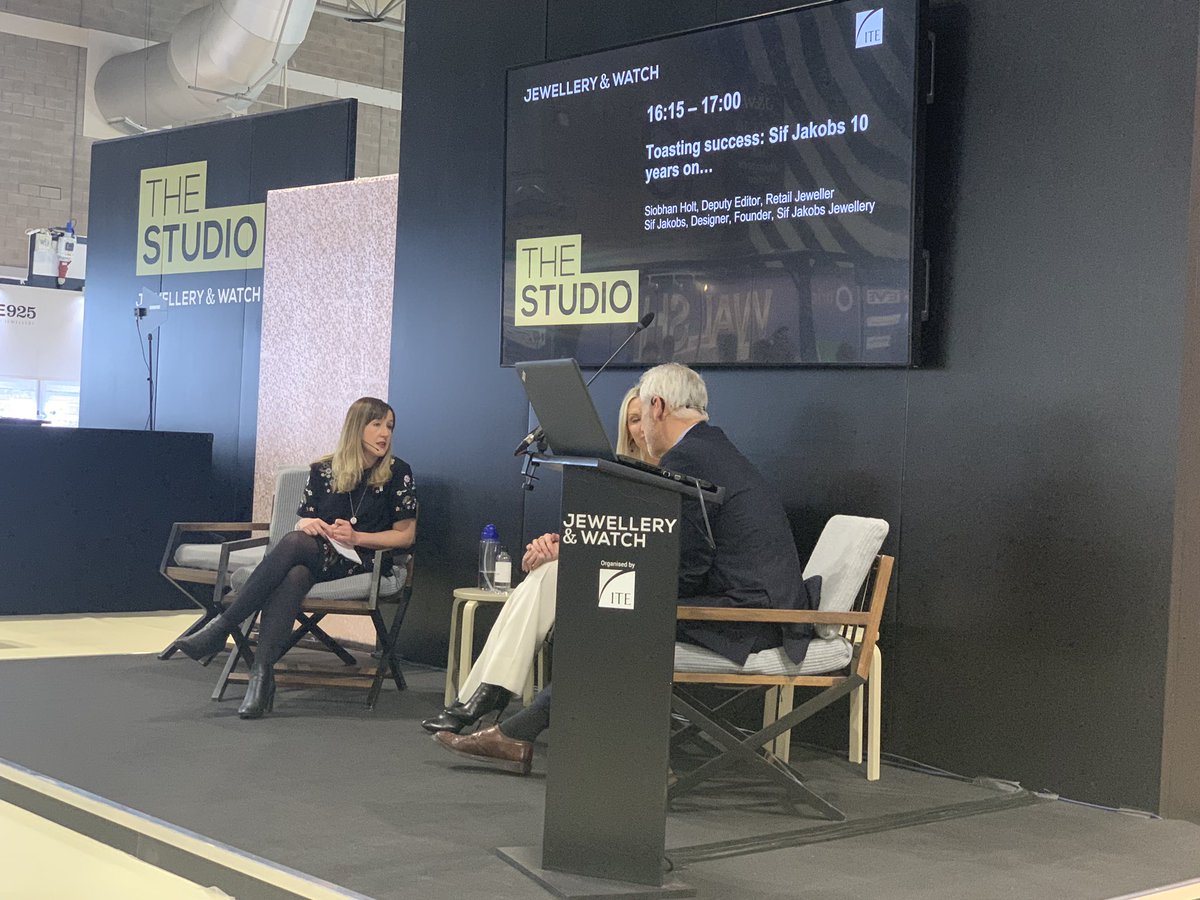 Happening now on the studio stage! <a href="/SifJakobs/">Sif Jakobs Jewellery</a> founder and designer Siobhan Holt on “Toasting Success: 10 years on...” #jw19 #springfair2019