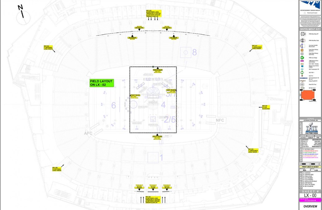 livedesignmag's tweet image. Bob Barnhart of 22° will once again light the Super Bowl Halftime Show! Get ready for the most-watched musical event of the year with a look at the #lightplot for Justin Timberlake's performance last year: ow.ly/hIPt30nyuKt