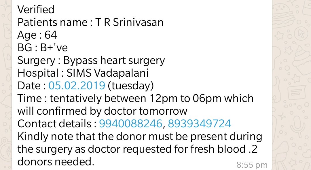 akv_10's tweet image. Please pass on friends. #BPositiveBlood #Bloodrequired for bypass heart surgery. Contact details : 9940088246, 8939349724
Donor needs to be present during the surgery. Pls refer the image attached. #PassOn