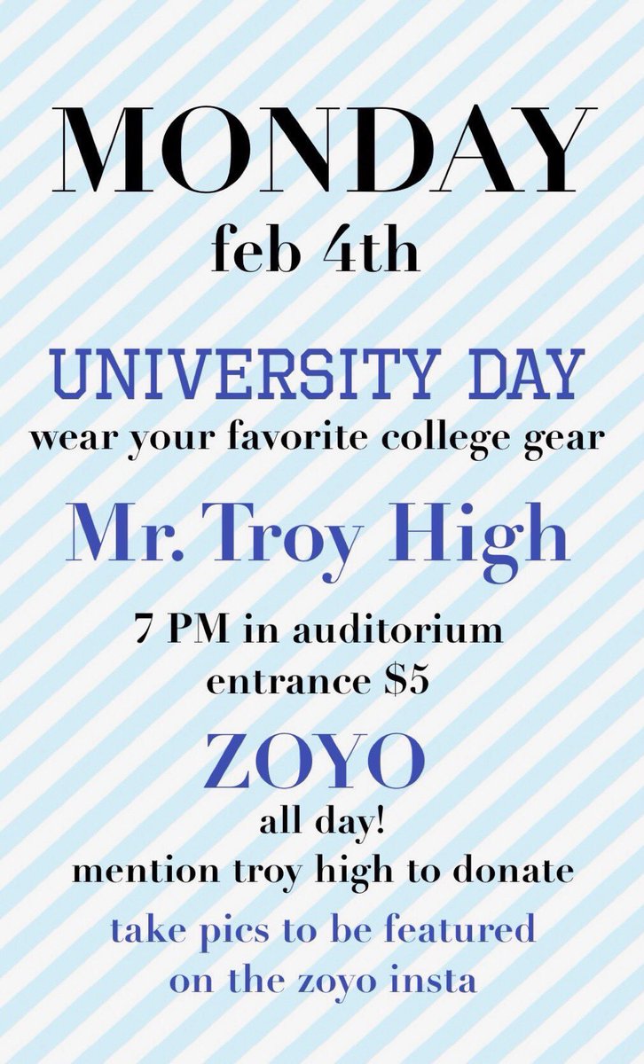 TroyHigh2019's tweet photo. Rep your favorite college and go to Mr. Troy High🏆and ZOYO🍦tomorrow!! Last spirit week🎉🎉 https://t.co/pTNGtS2xoE