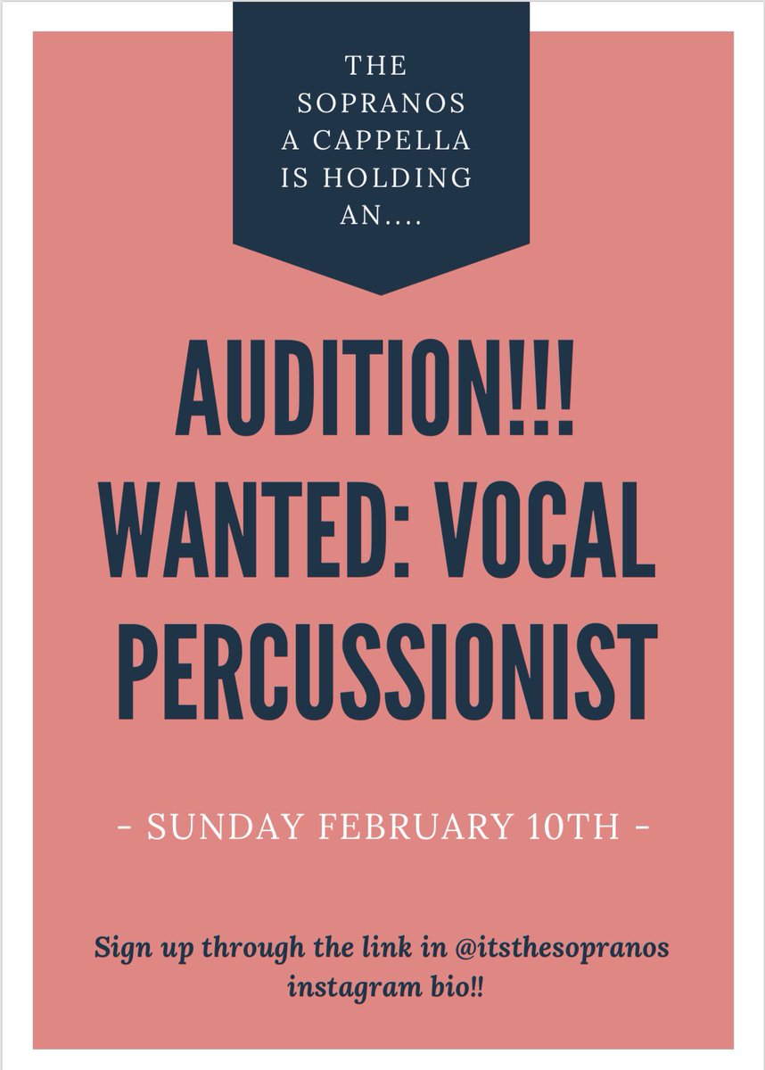 TheSopranos01's tweet photo. the sopranos a cappella is looking for female identifying vocal percussionists to come out and audition for us!! auditions will last 10 minutes and will be casual, just come prepared with your talents! link to sign up is in our bio:) https://t.co/Ra3pZdYam8