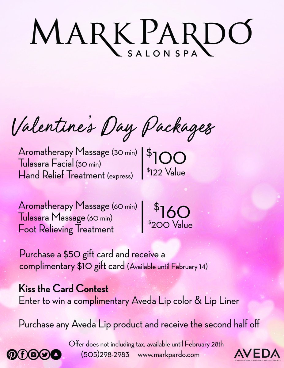 Our EXCLUSIVE Spa packages for Valentine's Day are here! Book yours before they're gone!
.
.
.
.
.
#valentinesday #markpardo #aveda #avedasalon #avedaproducts #avedasalonspa #crueltyfree #crueltyfreebeauty #crueltyfreeproducts #abq #abqsalon #abqspa #505salon #505spa #avedaspa