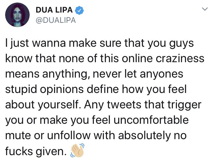 .@DuaLipa has spoken out against “toxic ass behaviour” online in which women are being pit against each other and judged on appearance.

The singer has urged fans to be nice, make a positive difference and to not let other’s opinions define how they feel about themselves.