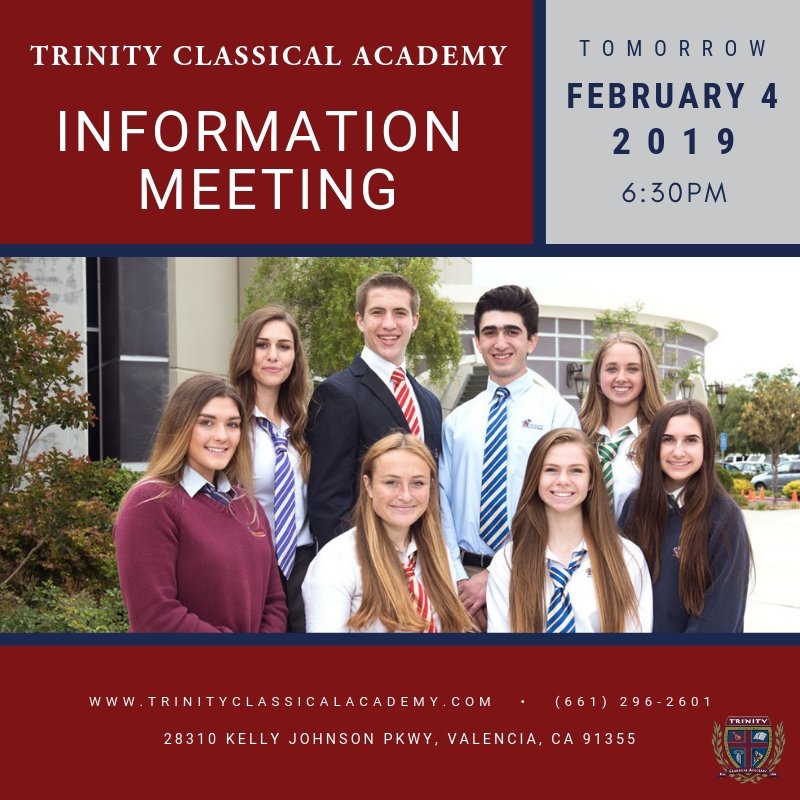 TrinityCCA's tweet image. Are you curious what a Trinity education could mean for your family? You are invited to attend our information meeting tomorrow, February 4 at 6:30pm and see how #TrinityClassicalAcademy is offering an education grounded in the #ChristianFaith and the #ClassicalTradition