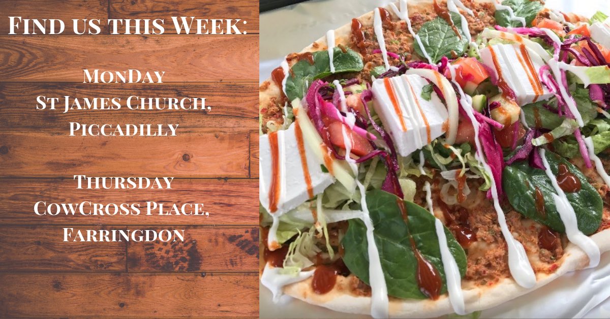ILahmacun's tweet photo. Find us this Week! 🙋🏻‍♂️🙋🏻‍♀️

MON: St James Church #Piccadilly
@streetfoodish 

THU: Cowcross Place #Farringdon
@ShepherdsMkts @Startisans 

#Lahmacun #WrapPizza #Salads #Halloumi #Hummus #Caçik #Streetfood #Foodies #MondayMotivation https://t.co/Q0UrzGaAmE