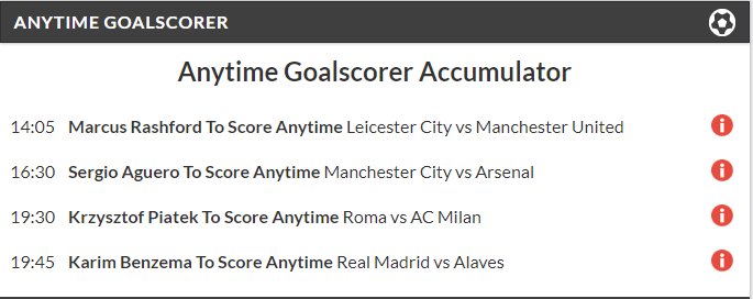 YYYYEEEEEEEEEEEEEEEEEEEEESSSSSSSSSSSSSSSSSSSSSSSSSSSSSSSSS!!!!!!

18/1 ANYTIME GOALSCORER ACCA LANDS! 🔥🔥

All 4 players scored inside the first 30 minutes of their games!

✅ Rashford 9'
✅ Aguero 48 Seconds 
✅ Piatek 26'
✅ Benzema 30' 

WHAT A WINNER!

🔥🔥🔥
