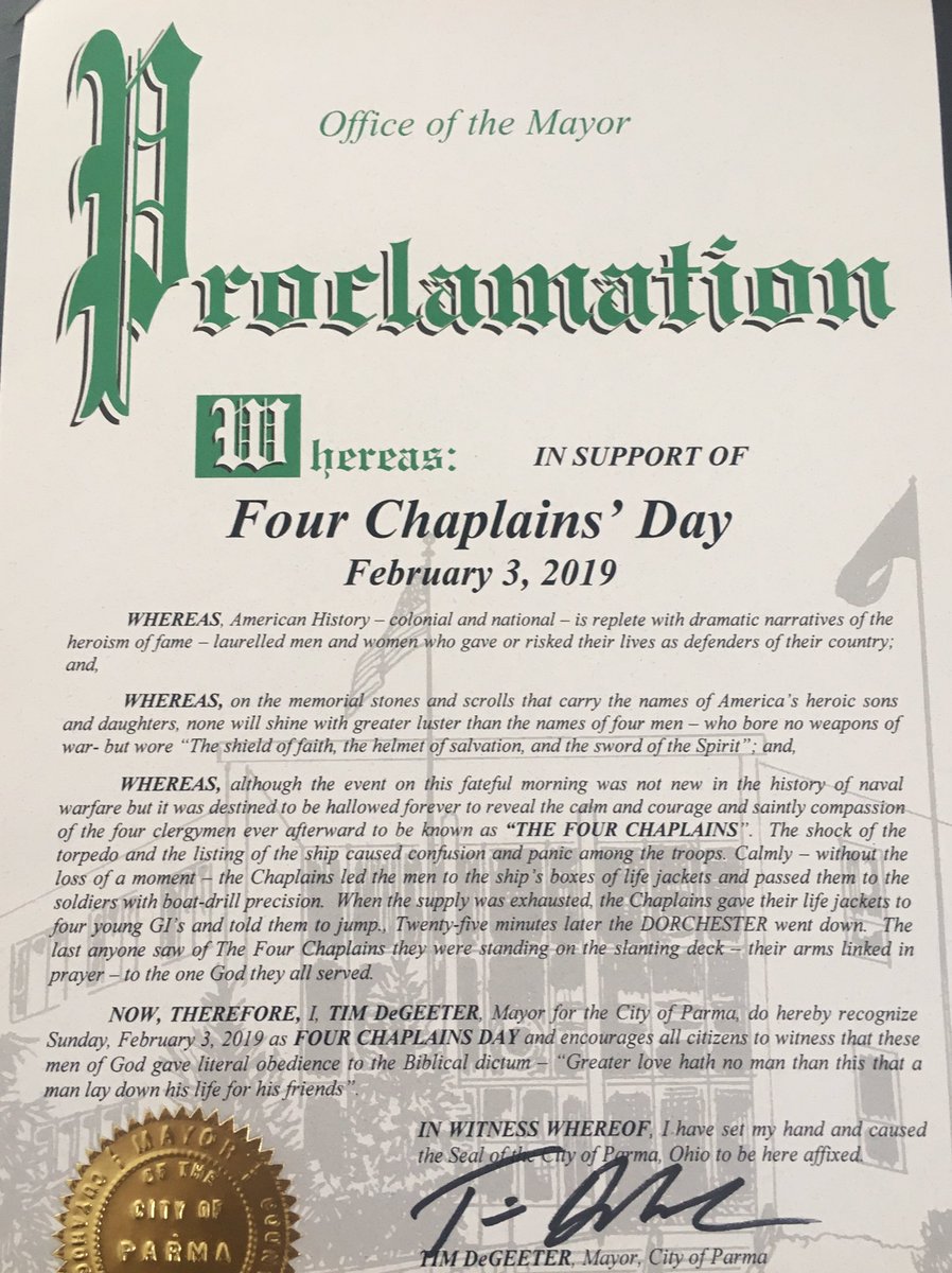 TimDeGeeter's tweet photo. On Feb. 3, 1943, the Army chaplains on the SS Dorchester—Rev. Lt. George Fox; Rabbi Alexander Goode; Rev. Lt. Clark Poling; Father Lt. John Washington—gave their lives to save others after the ship was torpedoed &amp; sank. Today is Four Chaplains Day in their memory. @ParmaMayor https://t.co/JjKLqQs3nZ