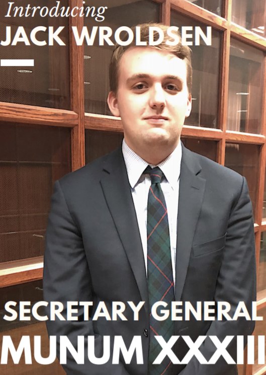 MUNUM_XXXII's tweet photo. We are pleased to announce that Jack Wroldsen has been elected to serve as our Secretary General for MUNUM XXXIII, and are looking forward to another successful conference next January! https://t.co/Qi046UgVxW