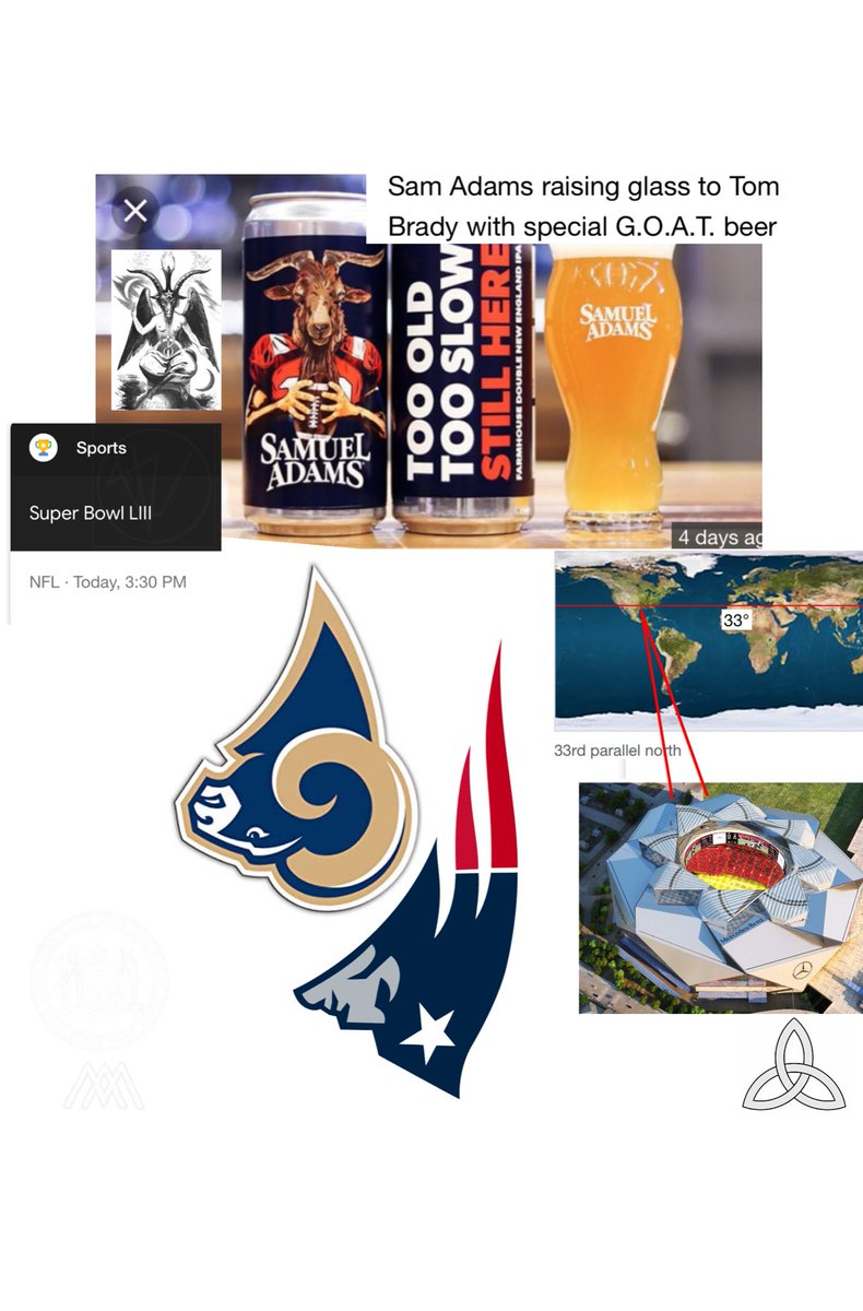 mirrortestedbot's tweet photo. #SuperBowl #LIII #superbowl53 #patriots #rams #33rdparallel #33talk #9sAnd1s #1sAnd9s #goat #goathead #baphomet #goatbeer #satanic #ritual #symbolism #mercedes #mercy #sun #MercedesBenzStadium https://t.co/jLOD3LZaUT