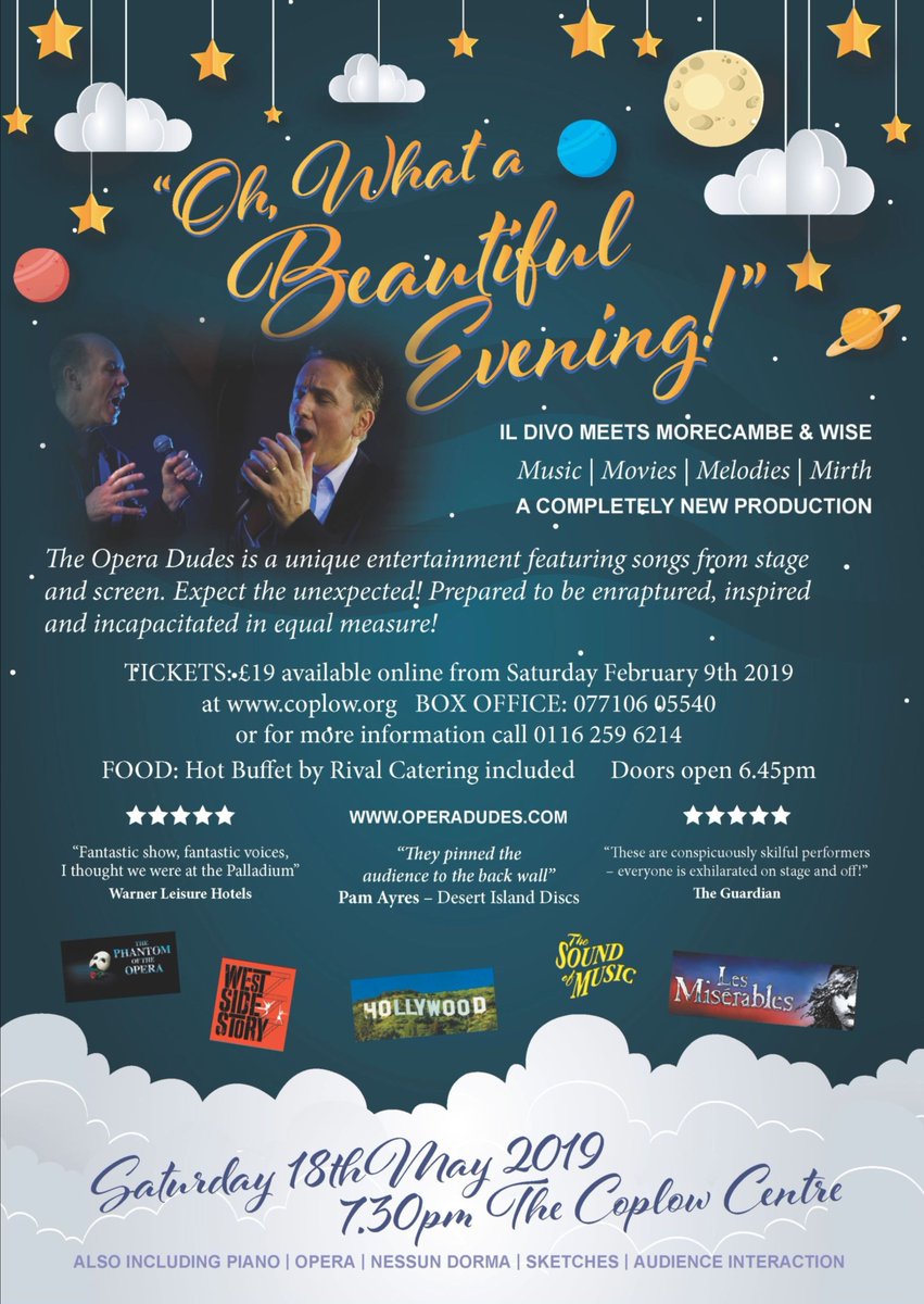 thecoplowcentre's tweet photo. "Oh What a Beautiful Evening!" - The Opera Dudes 
Coming to The Coplow Centre - Billesdon https://t.co/1Pi18Ggt9e