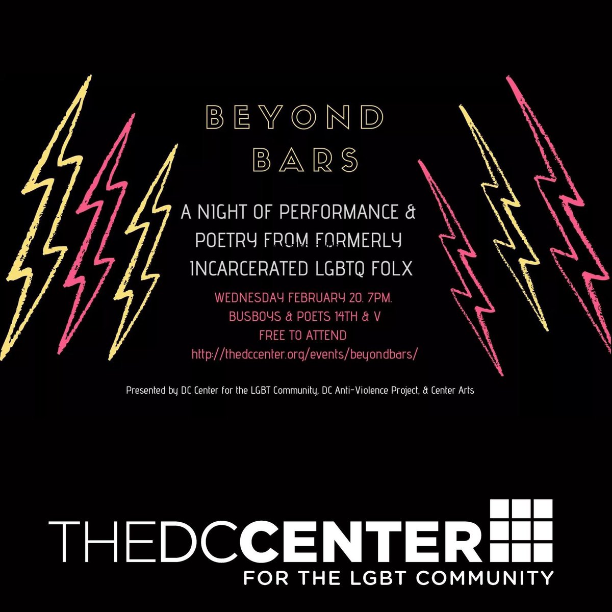 DCHomos's tweet photo. Save the date: February 20 at @busboysandpoets
Performance and poetry from formerly incarcerated LGBTQ Folx. Let's all learn from their lived experiences! 2/20: https://t.co/CdVbPyMj97 #DCAVP #CenterTrans #FIndYourCenterDC @TheDCCenter https://t.co/E8H4b9o6Pg