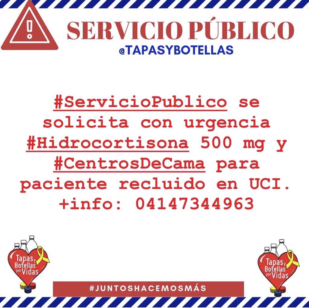 tapasybotellas's tweet photo. #ServicioPublico se solicita con urgencia #Hidrocortisona 500 mg y #CentrosDeCama para paciente recluido en UCI. 
+info: 04147344963 https://t.co/qKImKGkKas