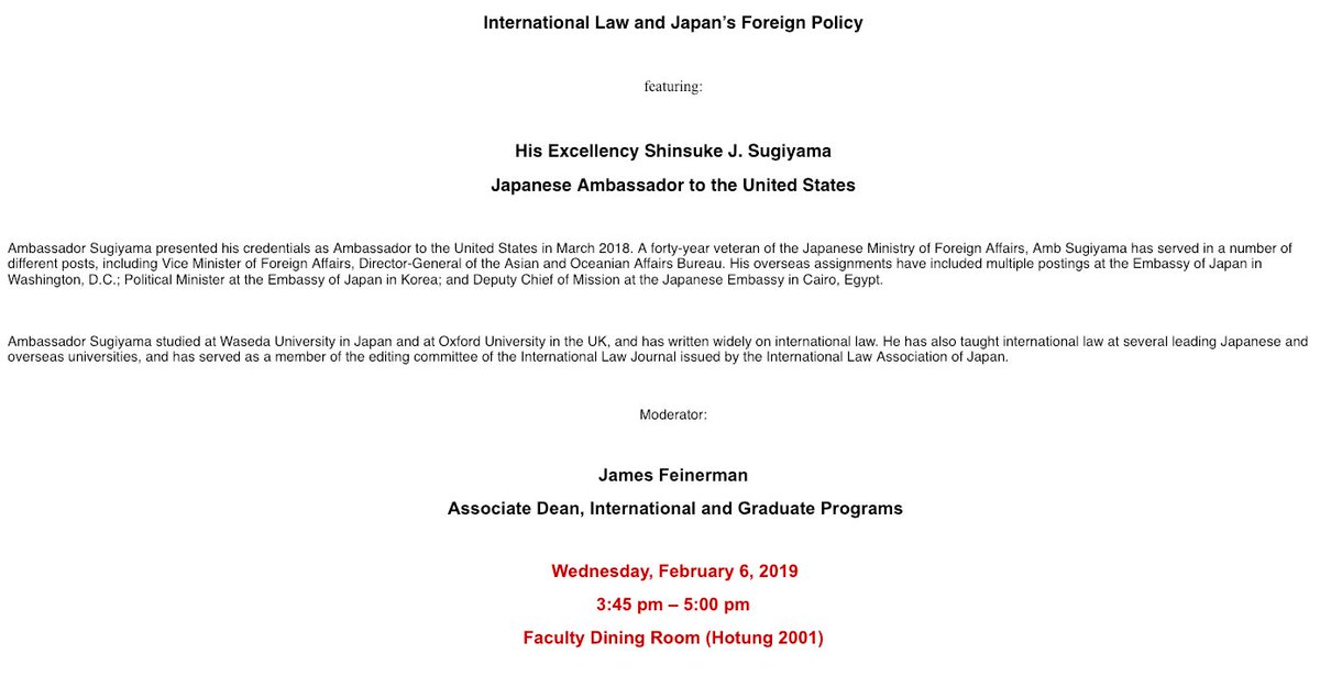 NSLS_GULC's tweet image. Join NSLS this Wednesday, Feb. 6th at 3:45 pm for:

"International Law and Japan’s Foreign Policy"- a conversation featuring His Excellency Shinsuke J. Sugiyama, Japanese Ambassador to the United States.
🇯🇵

Hotung 2001
RSVP: bit.ly/2BhfWrk