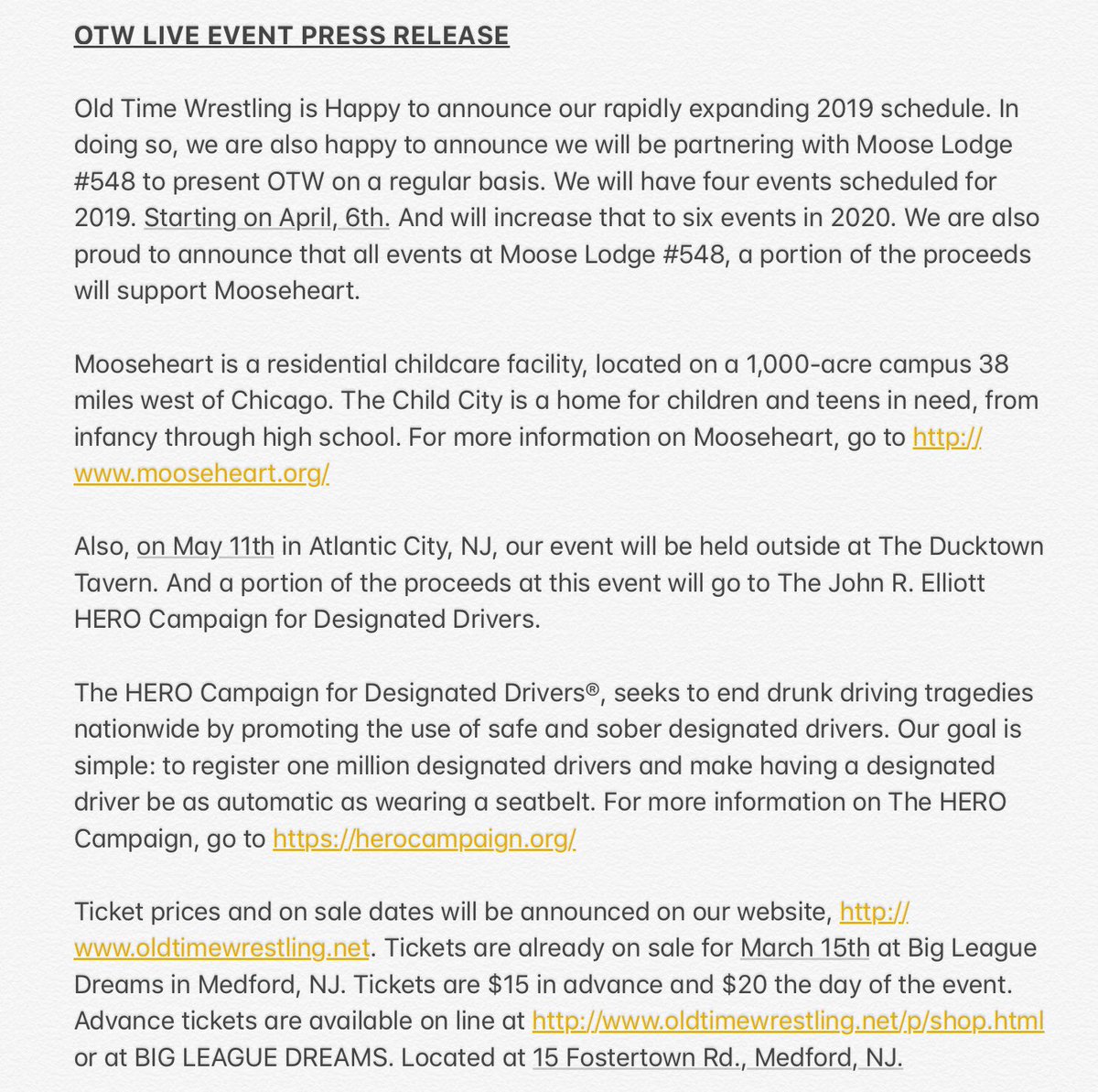 OTWupdates's tweet photo. OTW Event 2019 
March 15-Big League Dreams, Medford, NJ
April 6-Moose Lodge, Lindenwold, NJ
May 11-Ducktown Tavern, Atlantic City, NJ 
June 15-Moose Lodge, Lindenwold, NJ
Sept 14-Moose Lodge, Lindenwold, NJ
Oct 12-Stockton University, Pamona, NJ
Nov 23-Moose Lodge, Lindenwold, NJ https://t.co/E1kRRW64CR