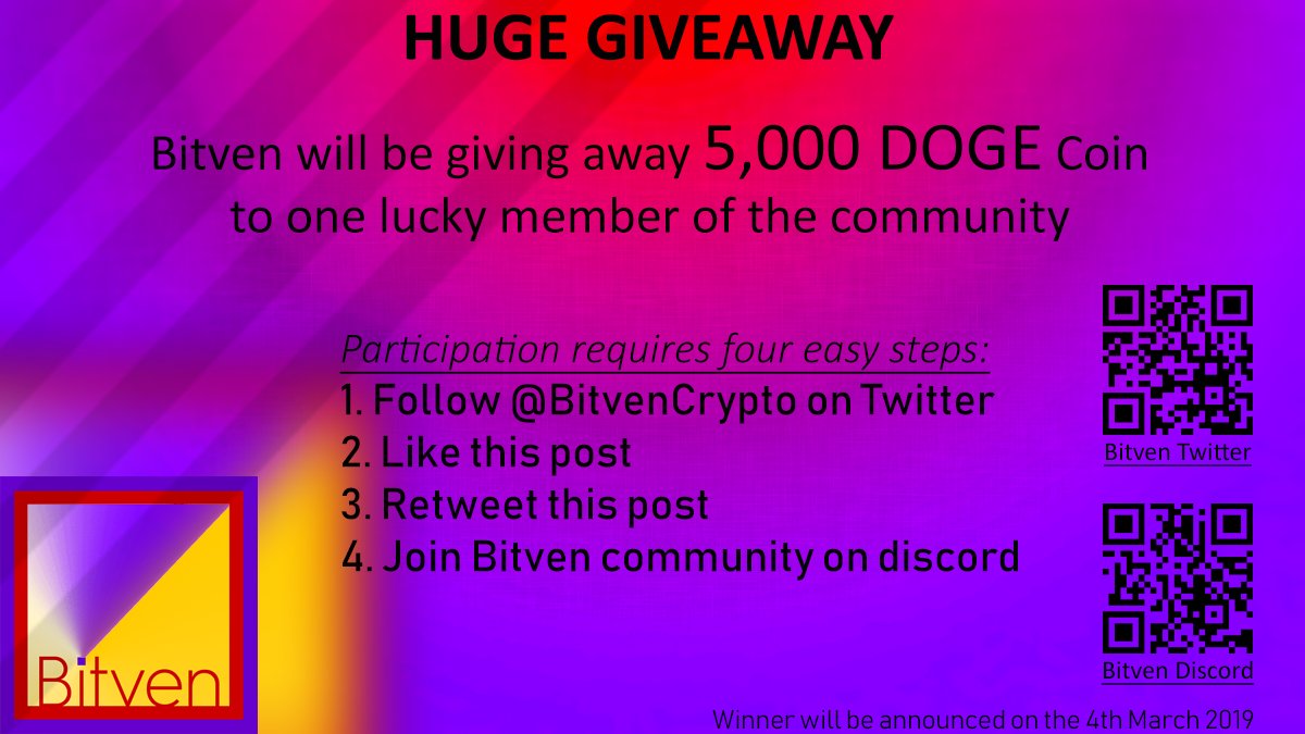 Cryplistic's tweet photo. 📢 HUGE #Giveaway 🎉🎉
Bitven will be giving away 5000 $DOGE to a lucky member.

Participation requires 4 easy steps:
1. Follow @BitvenCrypto on Twitter
2. Like this post
3. Retweet this post
4. Join Bitven on discord: >>https://t.co/o36QNrHy75

Result: 4th March
#airdrop #bounty https://t.co/uLHOXK9kq5