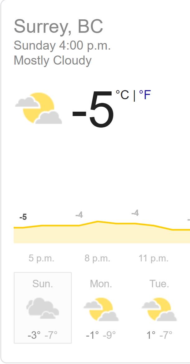 Dear #SurreyBC #WhiteRock and #Cloverdale parents. Please dress your child(ren) warmly tomorrow. With wind chill likely below -10 Mon and Tues. We have put a note out to all schools to watch out for children (and adults) in these cold times. #sd36learn <a href="/CUPE728/">CUPE Local 728</a> <a href="/SurreyTeachers/">Surrey Teachers’ Association</a>