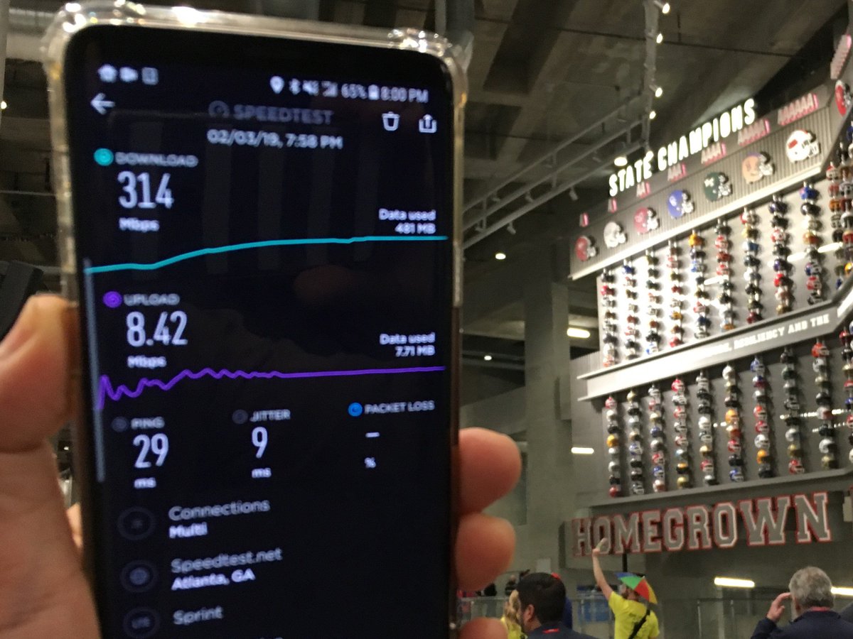 Mid game speed test! @Sprint's #MassiveMIMO keeping up the awesome speeds. #SB53