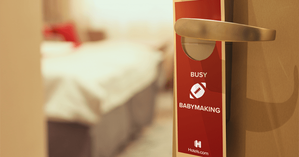 Adweek's tweet photo. Fingers crossed. If your team wins the #SuperBowl, @hotelsdotcom will give you a room to make a 👶: https://t.co/ZZAeJ7ETJC https://t.co/gRIlt4okNy