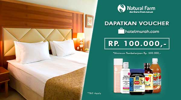 Pingin liburan tapi juga harus sehat?
Pilih produk Natural Farm saja yuk untuk mendapatkan produk kesehatan &amp; kecantikan sekaligus dapetin promo voucher 100 rb untuk menginap/booking hotel gratis di Hotelmurah.com (*T&amp;C berlaku) 
Klik link ini (bit.ly/promoNF)