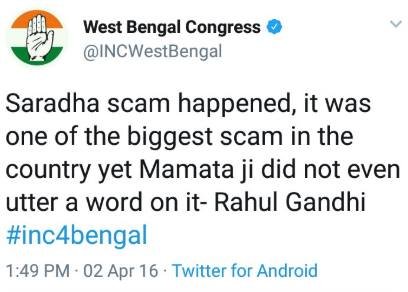 rohan194's tweet photo. And today Rahul Gandhi is supporting the same culprit....
Indian National Congress party is the biggest hypocrite and Narendra Damodardas Modi is their biggest fear :)
#SaveBegal #NamoAgain https://t.co/hDoPsMKWVs