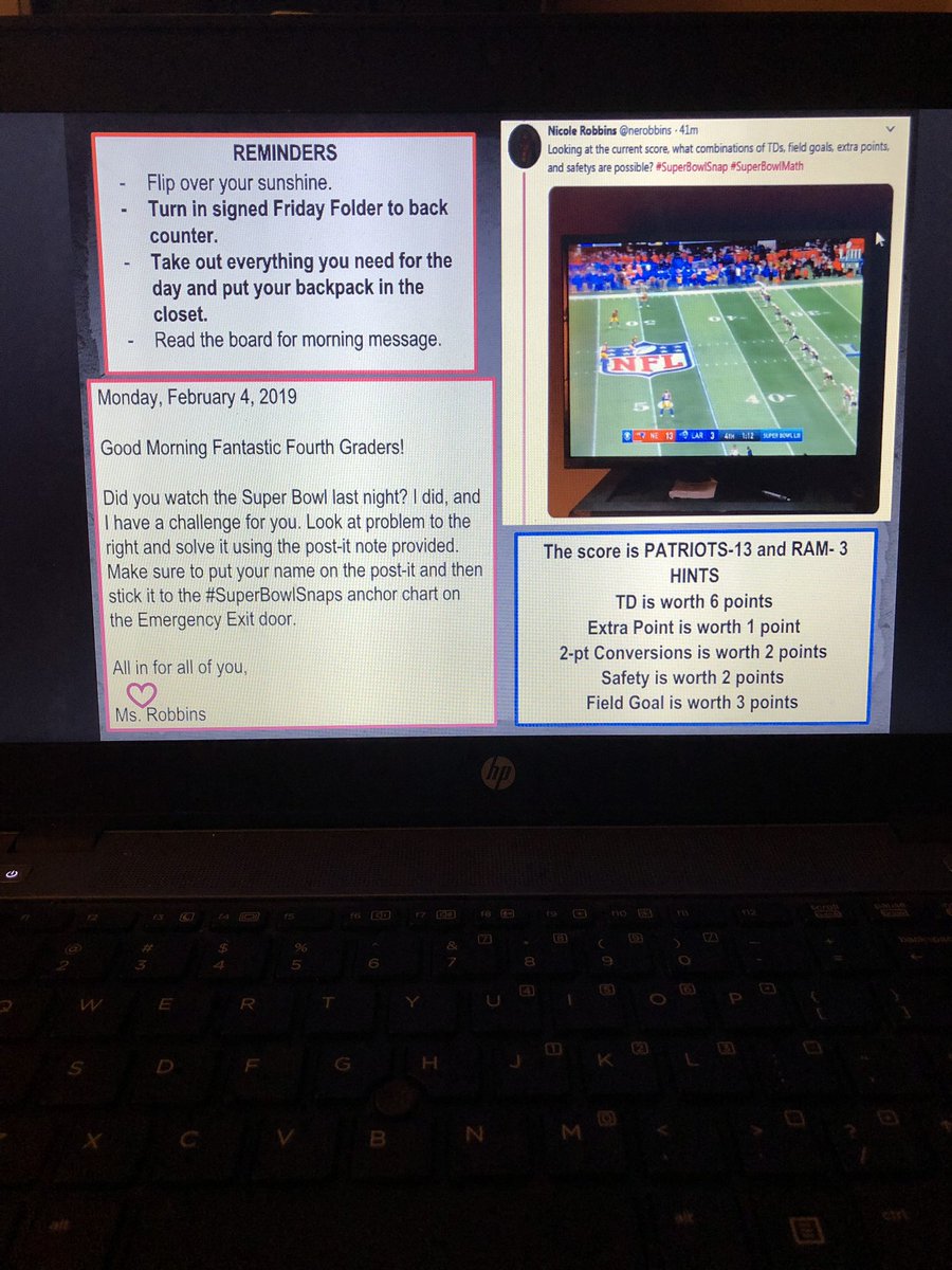 N_RobbinsAdams's tweet image. Tomorrow’s math message is all ready! #SuperBowlSnap #SuperBowlMath #engagingmath #fourthgrademath #makingconnections thanks for the challenge @grizfan99 🏈🔢➕➖➗✖️I cant wait to post what my students come up with @smithacad