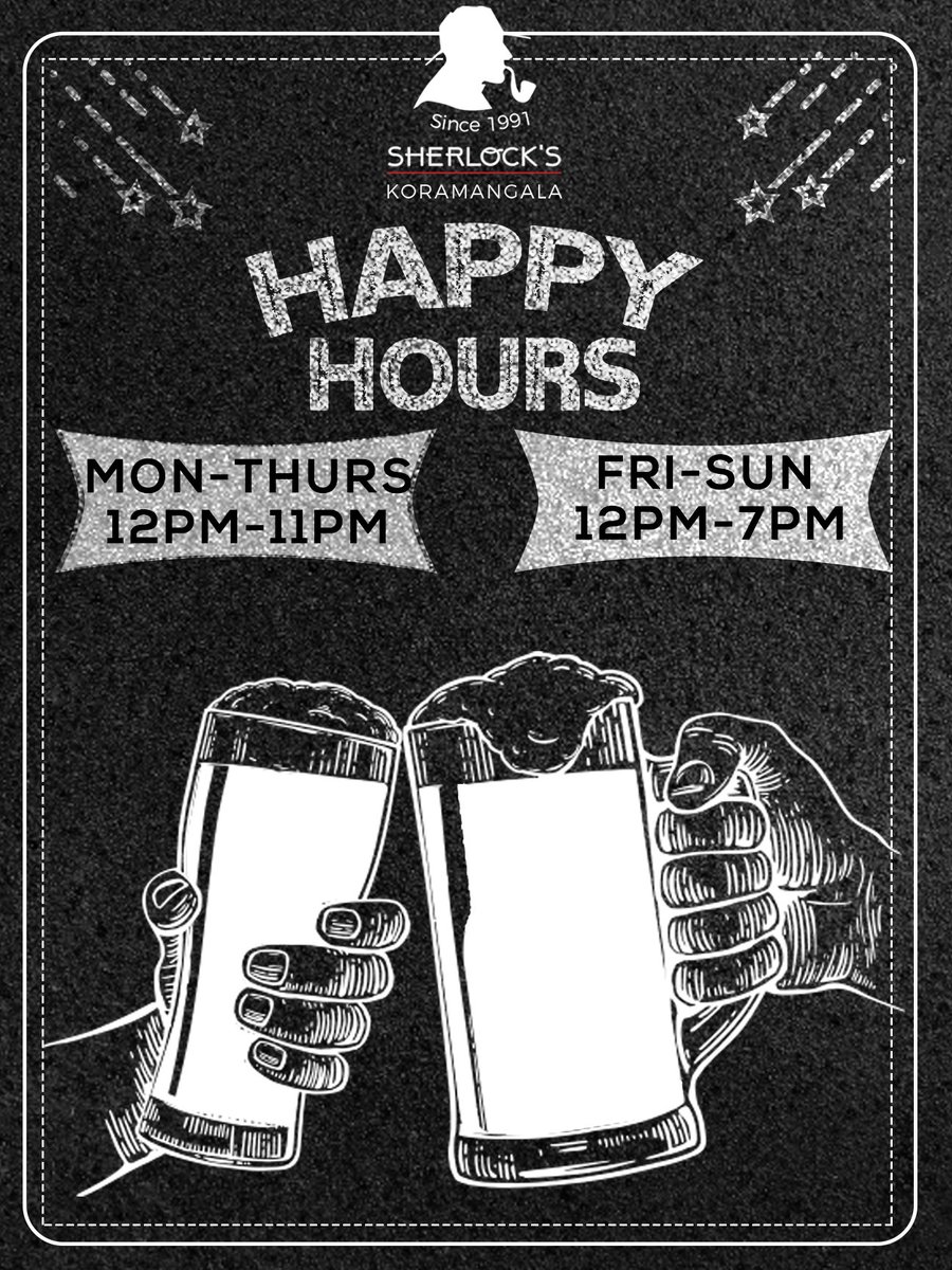 sherlockspubKRM's tweet photo. Scare off your Monday with our Special Happy Hour on Drinks only at #SherlocksPubKoramangala 
Monday - Thursday Offer valid All day. 
Friday - Sunday, 12pm-7pm. 

#GetSherlocked #SherlocksPubKoramangala #HappyHour #Drinks #Beer #Nightlife #Clubbing https://t.co/eP9fypLYm4