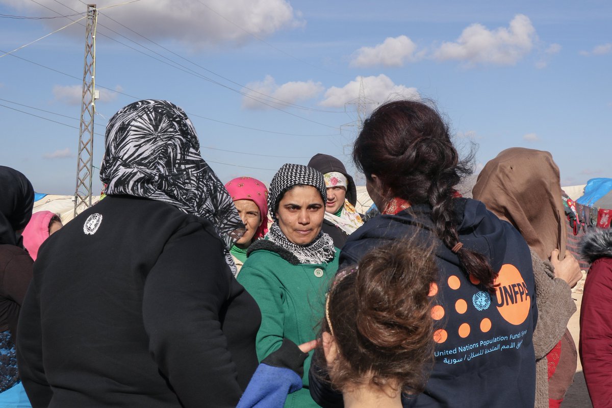 UnfpaSyria's tweet photo. The teams of @UnfpaSyria and our partner #SARC visited north rural #Aleppo - Tal Rifa'at community and some of the #camps where #UNFPA through its local partners such as #SARC and #MSJM are providing #SRH and #GBV services and supplies to displaced #women and their #families. https://t.co/rUIWbbPEpN