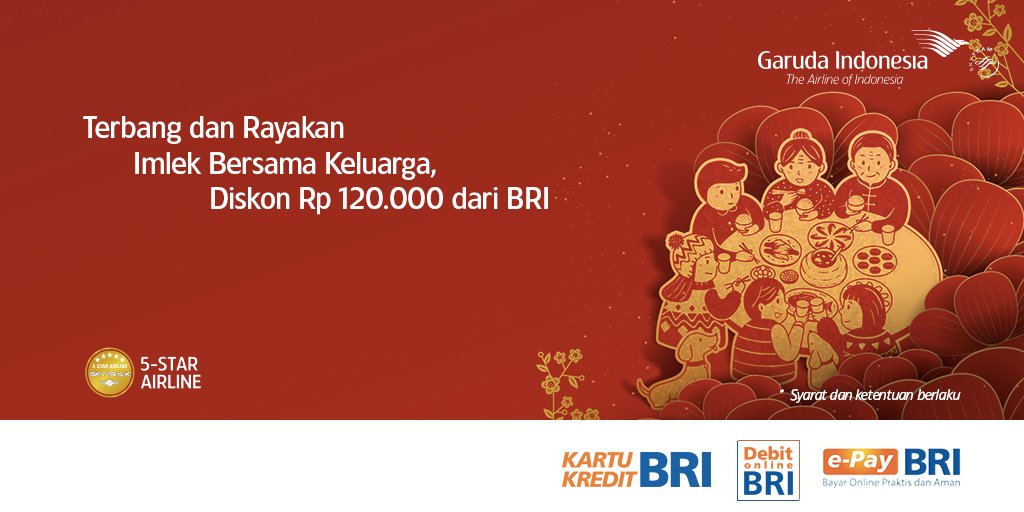 Terbang dan rayakan Imlek bersama keluarga dengan diskon spesial dari <a href="/BANKBRI_ID/">BANK BRI</a>! Gunakan kartu Kredit dan Debit BRI atau e-Pay BRI untuk nikmati tambahan diskon hingga Rp120.000. Klik bit.ly/2S8IoWH untuk dapatkan kode promonya!