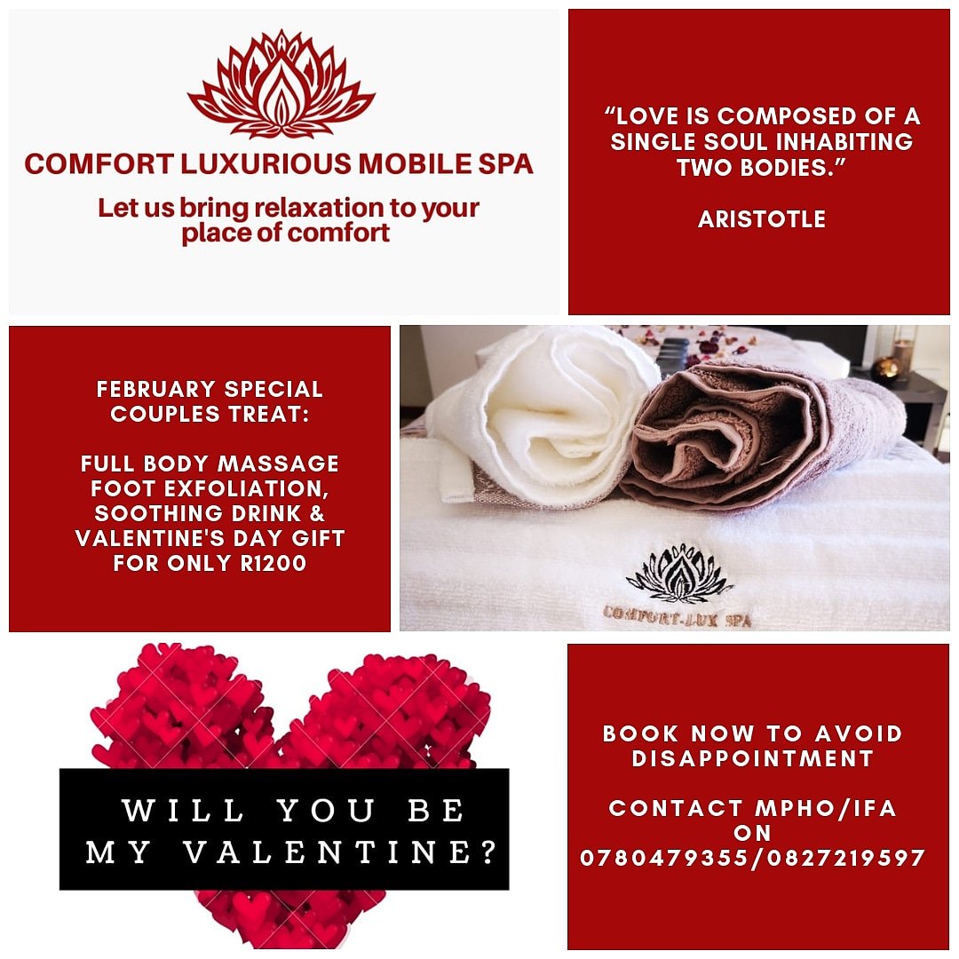 Comfortluxspa's tweet photo. Good morning. Just a reminder that our Valentines Day packages are STILL running for this entire month. #GirlTalkZA #comfortluxspa @SideHustleAfric https://t.co/cztMSHWCAN