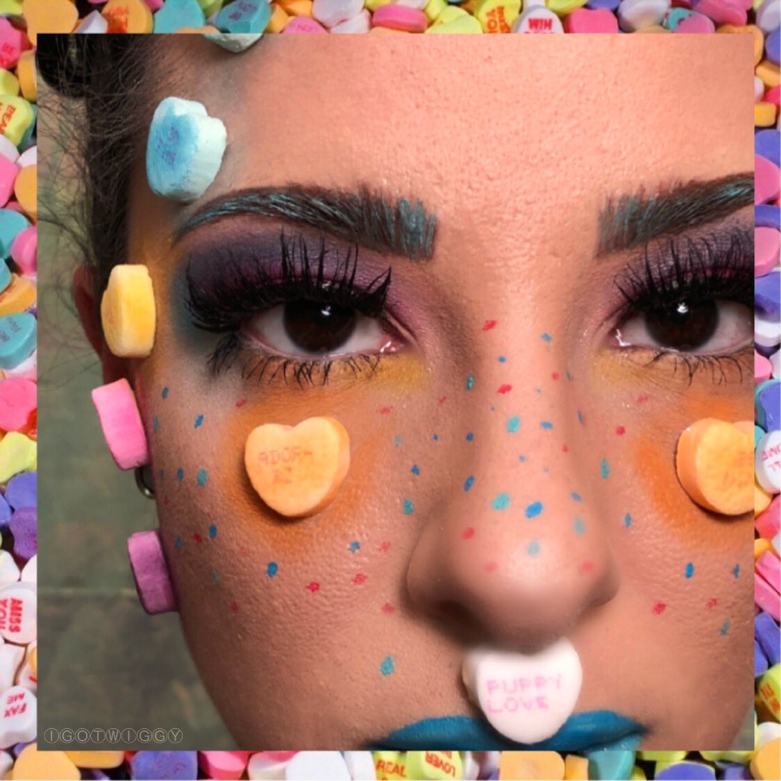 OFFICIALWIGGY's tweet photo. I put candy 💖’s on my face, 
&amp; filmed the whole process to create this look 💙💜💛🧡💚
peep more pics here—>
https://t.co/CqejaJ0gnB https://t.co/5gnDLY8kwN