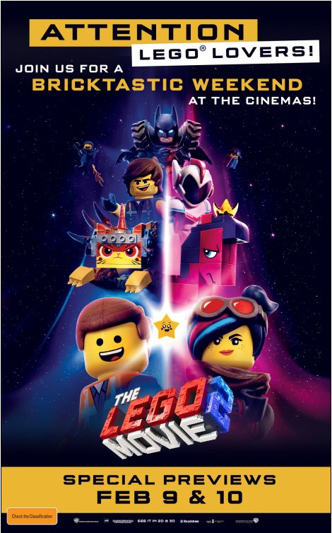 SydLUG's tweet photo. It’s going to be a Bricktastic Weekend! Advance screenings of LEGOMovie2 Feb 9/10 at participating cinemas! #CantWait https://t.co/dCEcaAzTza