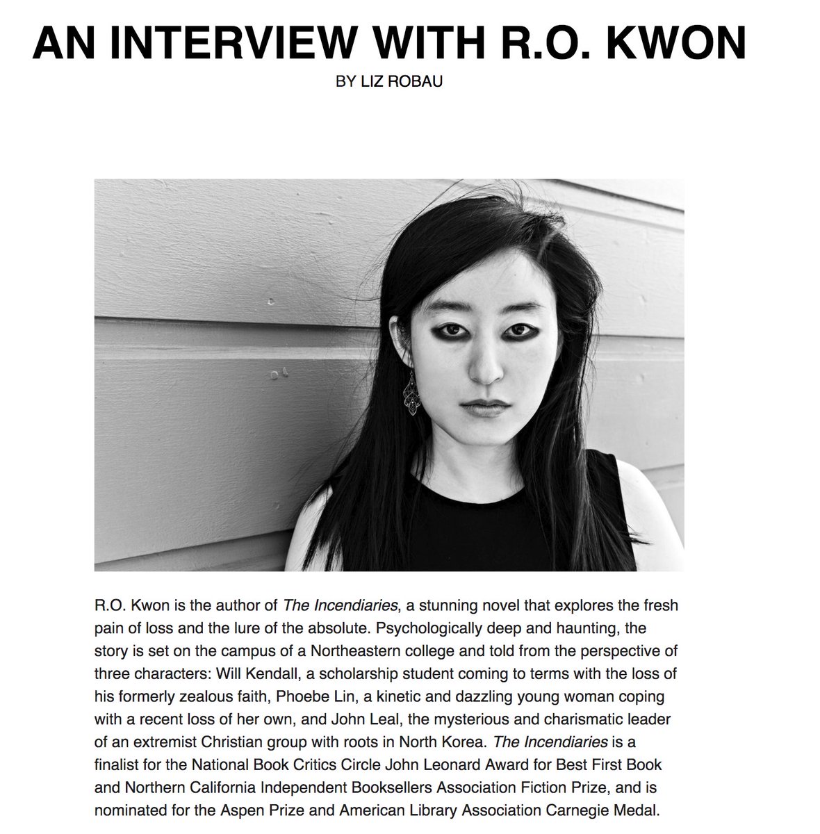 On our website today: Liz Robau's (@lizrobau) interview with R.O. Kwon (@rokwon), whose beautiful debut novel, The Incendiaries, has been named a finalist for the 2018 John Leonard Prize. Linked below!
http://www.bkreview.org/uncategorized/an-interview-with-r-o-kwon/ …