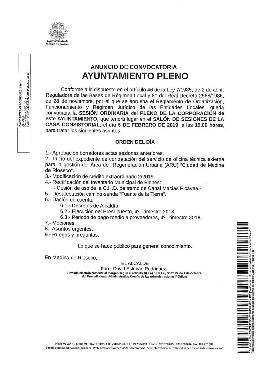 Pleno de la Corporación Municipal a las 19:00 horas en el Salón de Sesiones de la Casa Consistorial  🔊📑 #MedinadeRioseco