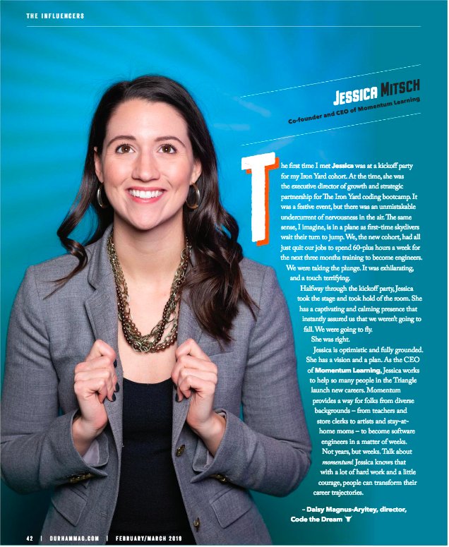 @MomentumRDU getting love in the most recent <a href="/durhammag/">Durham Magazine</a> issue. Co-founder <a href="/JessicaMitsch/">Jessica Mitsch Homes</a> was written up by <a href="/CodeTheDream/">Code The Dream</a> Director @daisy_magnus as a #Durham influencer.