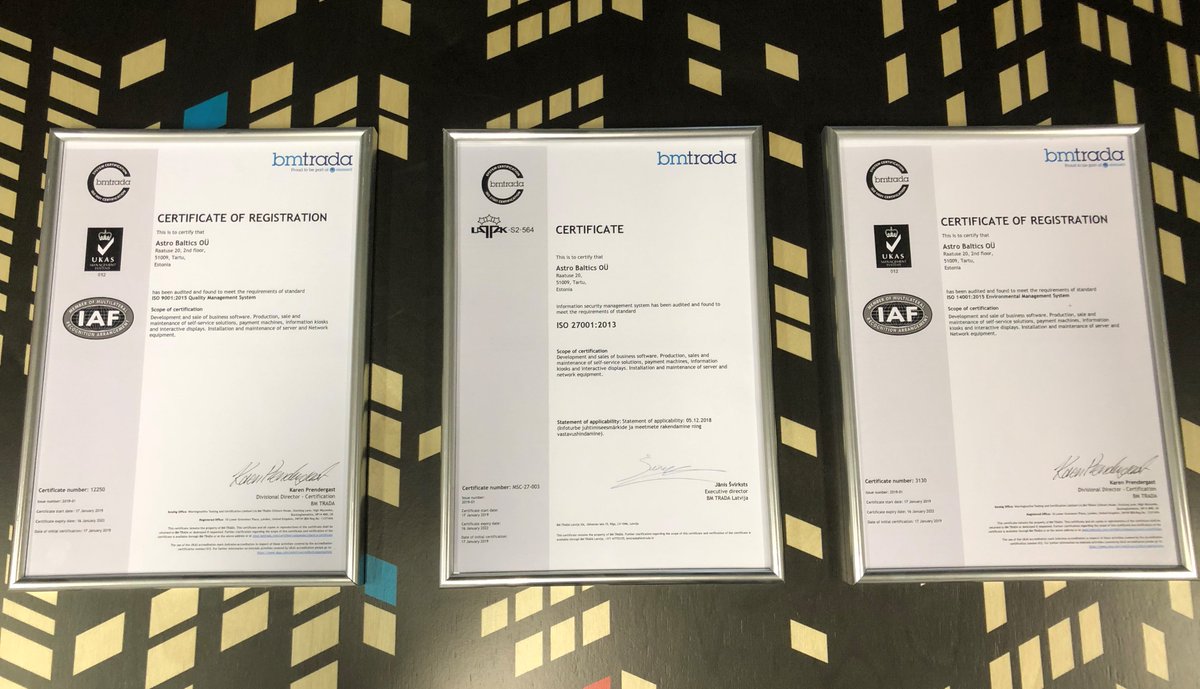 Cloudics_com's tweet photo. We made it! Three ISO certificates at the same time - quality management - ISO 9001: 2015, environmental management - ISO 14001: 2015 and information security - ISO 27001: 2013! #bmtrada #astrobaltics #ISO14001 #ISO27001 #ISO9001 https://t.co/YwrgUpCXjO
