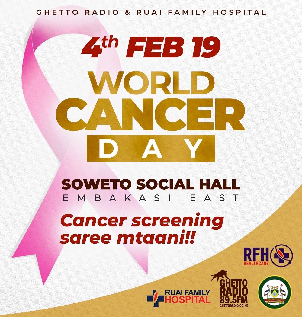 Free screening of cancer is going down at Soweto Social Hall Kayole this afternoon...
#CancerMtaani 
#WorldCancerDay 
<a href="/GhettoRadio895/">Ghetto Radio</a> 
<a href="/CharraDeejay/">Deejay Charra</a> 
Don't be left out